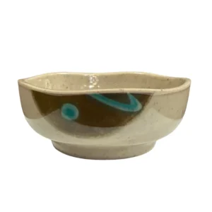Small melamine nozoki kobachi bowl with a green and earth toned finish and gently irregular rim Traditional vessel for tsukidashi, otoshi, sunomono, sauces, and pickles; also handy for prep Lightweight and break resistant for busy service; dishwasher safe, ideal for izakaya and sushi bars
