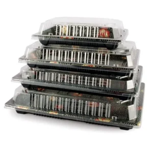 Cherry blossom black sushi tray with clear lid, restaurant supply