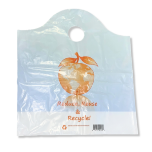 White reusable HDPE t-shirt bag with wave handle, restaurant supply