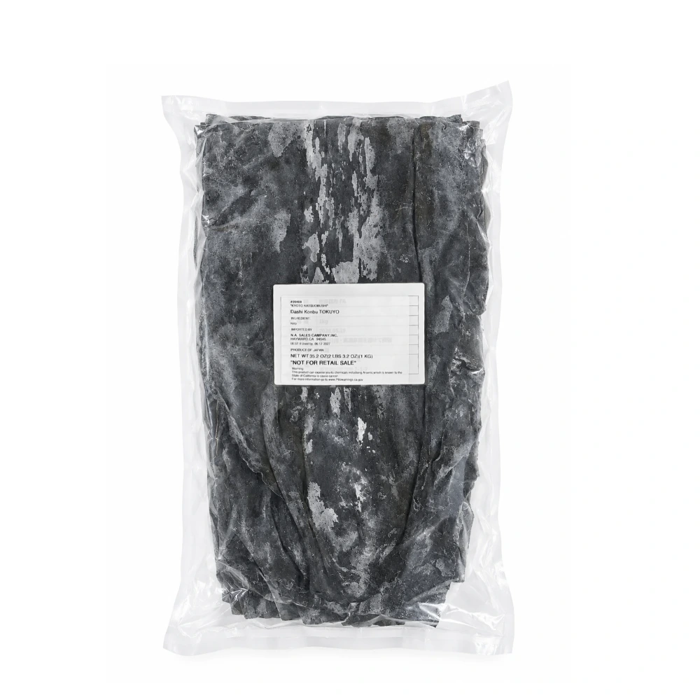 Dashi kombu dried kelp in a clear 1 kg bag with N.A. Sales product label #09406