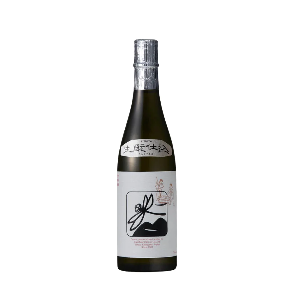 Izumibashi Kuro Tonbo Black Dragonfly Kimoto Junmai sake 720ml bottle with white dragonfly label #14554