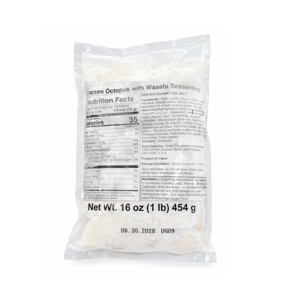 Tako wasabi frozen octopus with wasabi stems in a 1 lb vacuum pack, item 21361
