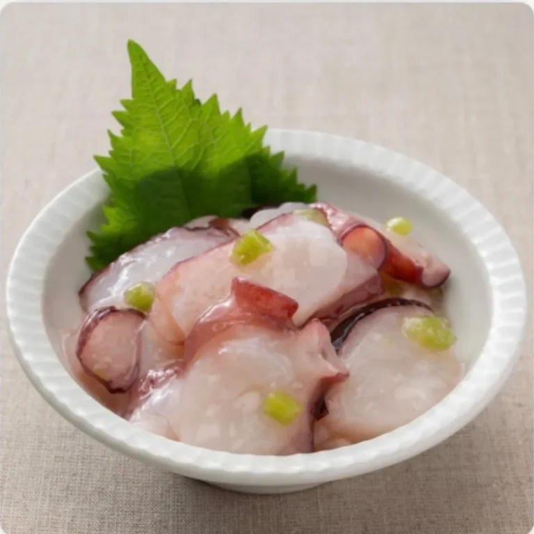 Tako wasabi octopus with wasabi stems in a small bowl beside a 1 lb frozen pack