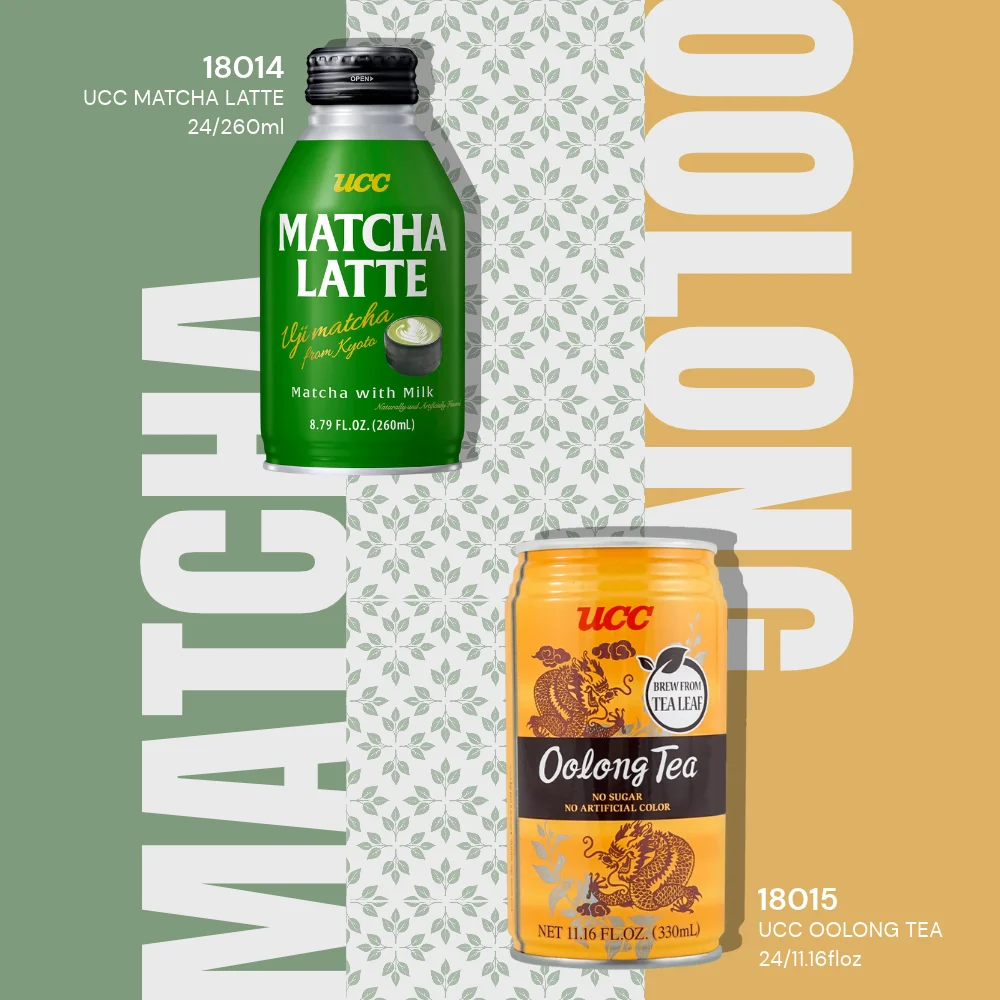 UCC Matcha Latte bottle and UCC Oolong Tea can, 10% off for registered N.A. Sales customers while supplies last
